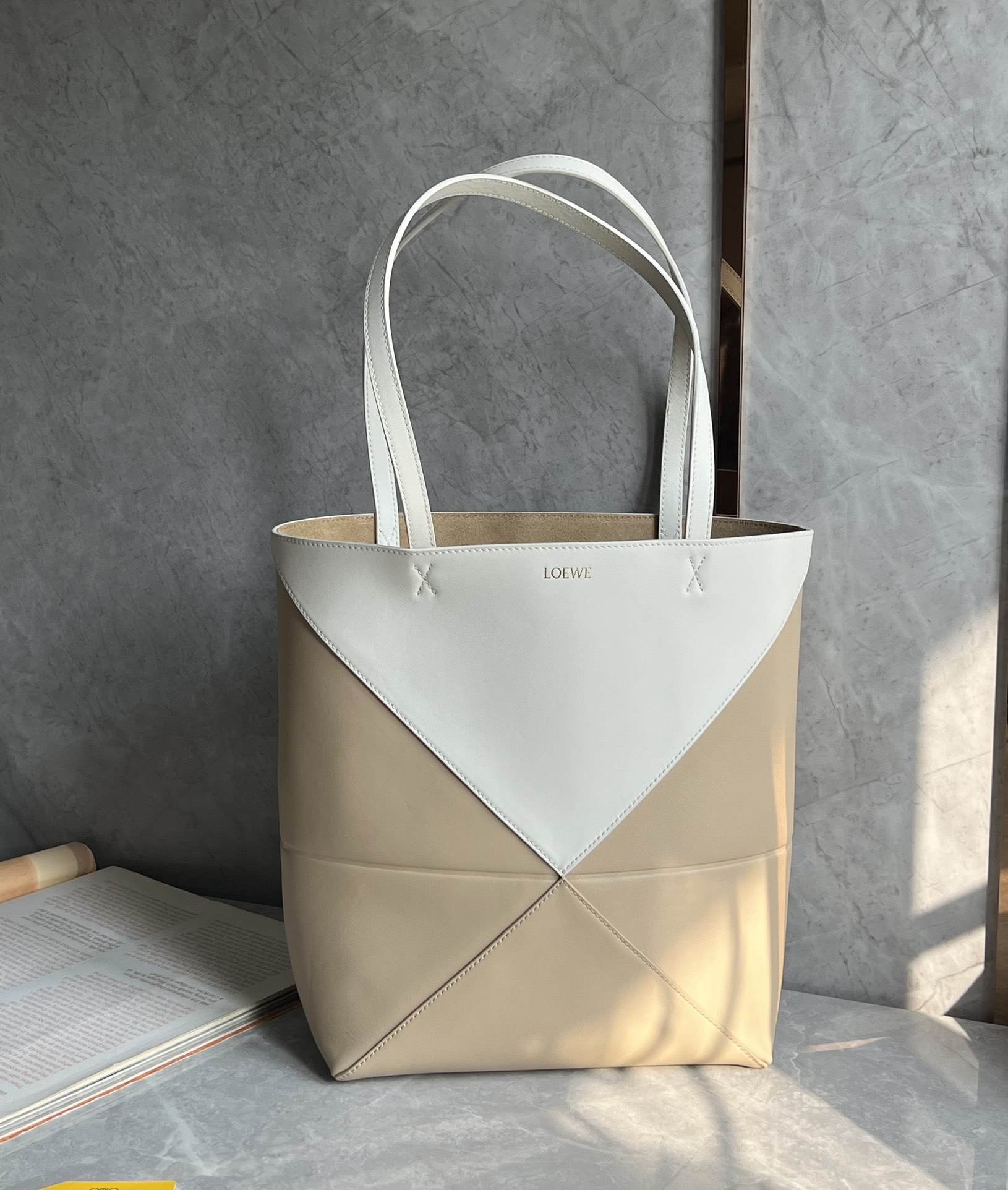 Loewe Medium Puzzle Fold Tote in Shiny Calfskin White/Beige